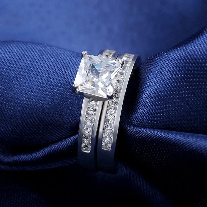 Woman Finger Ring Platinum Plated with 0.8 ct Princess Cut Cubic Zirconia Women Wedding Ring Set, 2 Piece/Set