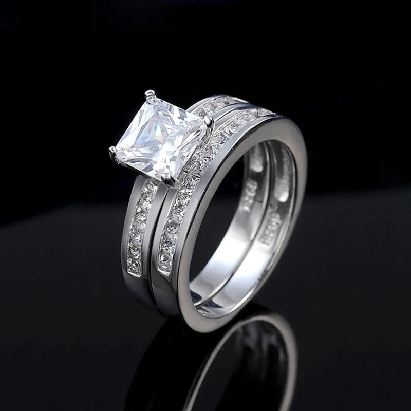 Woman Finger Ring Platinum Plated with 0.8 ct Princess Cut Cubic Zirconia Women Wedding Ring Set, 2 Piece/Set