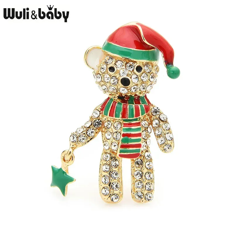 Wuli&baby Full Rhinestone Bear Brooches For Women Enamel Hat Bear Christmas Animal Brooch Pins Gifts
