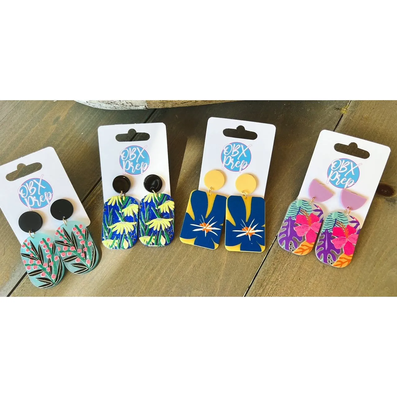 Yellow and Blue Floral Acrylic Drop Earrings.
