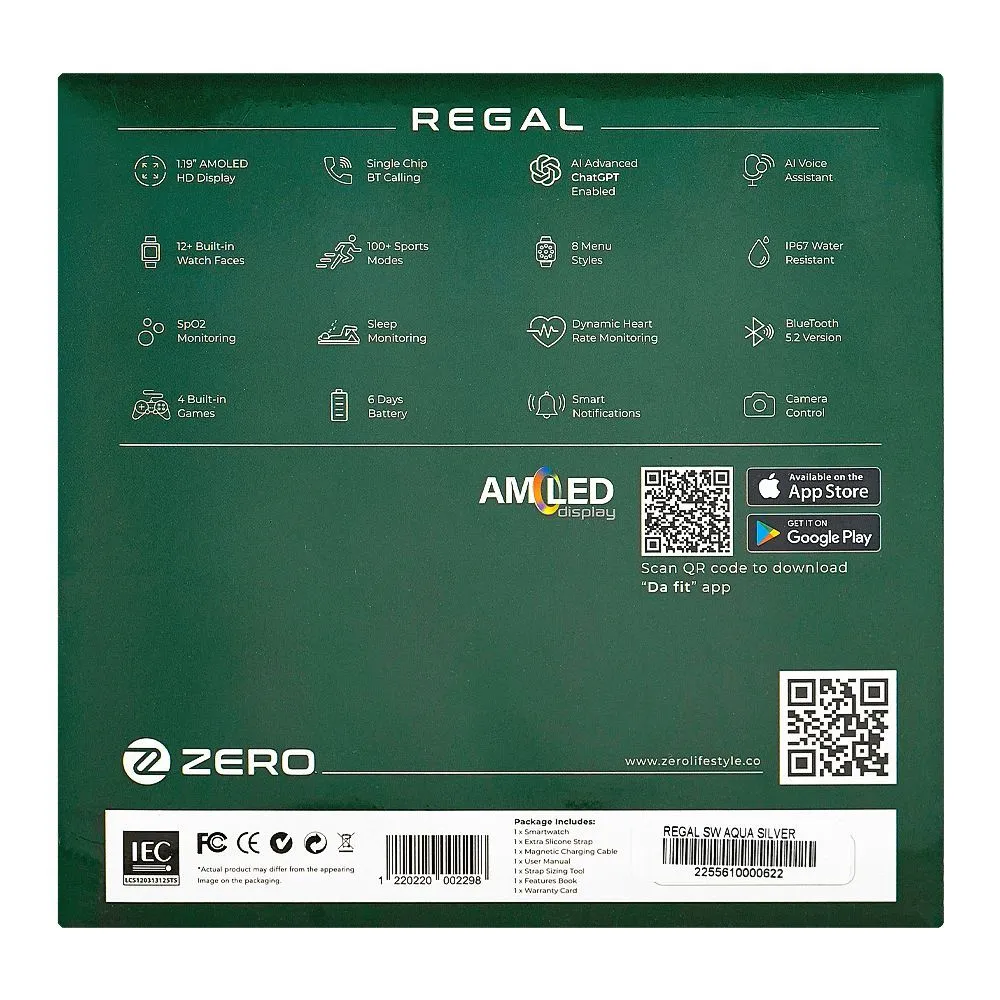 Zero 1.19" Amoled HD Display Platinum Series Regal Smart Watch, IP67 Water Resistant, Aqua Silver