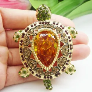 Zircon Crystal Luxury Vintage Turtle Animal Pendant Brooch Pin Brown Tortoise